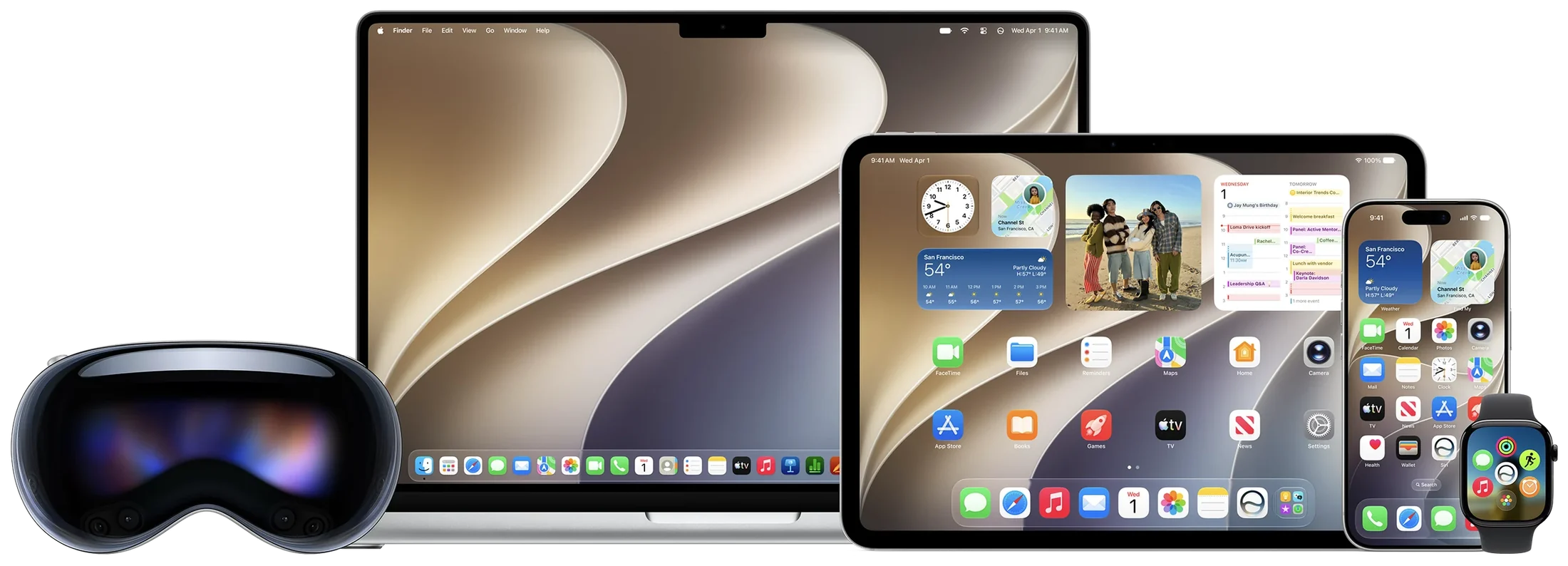 The Apple device family heading into the iOS 28 beta — iPhone, iPad, MacBook, Apple Watch and Vision Pro